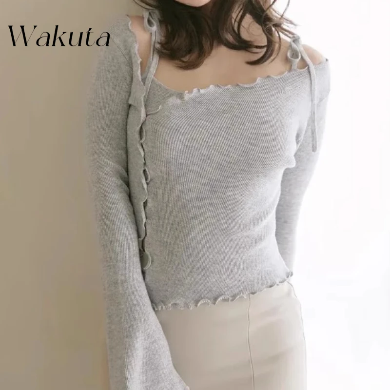 WAKUTA Japanese Sweet and Pure Desire Style U Neck Slim and Skinny Strap Tank Top Solid Ear Edge Slant Knitted Shirt 2 Piece Set
WAKUTA Japanese Sweet and Pure Desire Style U Neck Slim and Skinny Strap Tank Top Solid Ear Edge Slant Knitted Shirt 2 Piece Set
