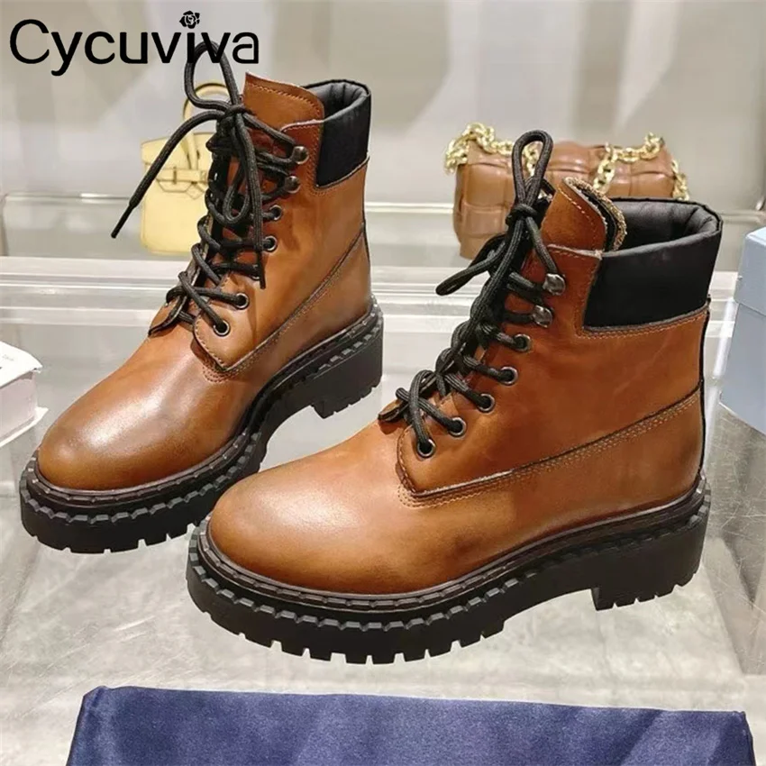 Thick Sole Short Boots Woman Lace Up Flat Platform Shoes Woman Genuine Leather Motorcycle Boots Women Botas Mujer
Thick Sole Short Boots Woman Lace Up Flat Platform Shoes Woman Genuine Leather Motorcycle Boots Women Botas Mujer