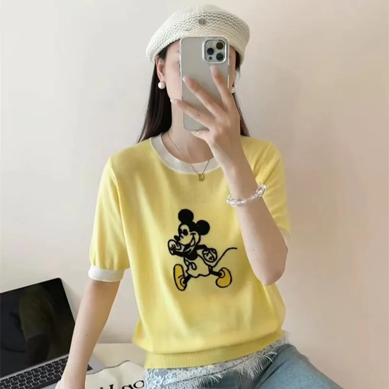 Summer new women's round neck loose knit wool short sleeved casual embroidered sweater T-shirt color blocked high-end soft top
Summer new women's round neck loose knit wool short sleeved casual embroidered sweater T-shirt color blocked high-end soft top