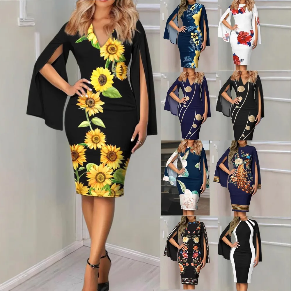 New summer casual commuting V-neck round neck temperament sexy and fashionable printed dress for women's wear
New summer casual commuting V-neck round neck temperament sexy and fashionable printed dress for women's wear