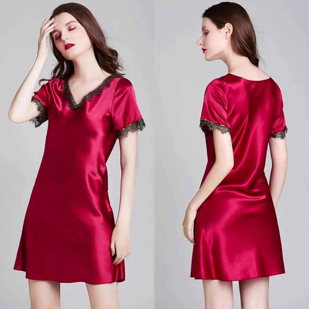 Pajamas Women's Ice Silk Sexy Lace Patchwork Nightdress Short Sleeve V Neck Solid Color S-XL Large Size Home Clothes
Pajamas Women's Ice Silk Sexy Lace Patchwork Nightdress Short Sleeve V Neck Solid Color S-XL Large Size Home Clothes