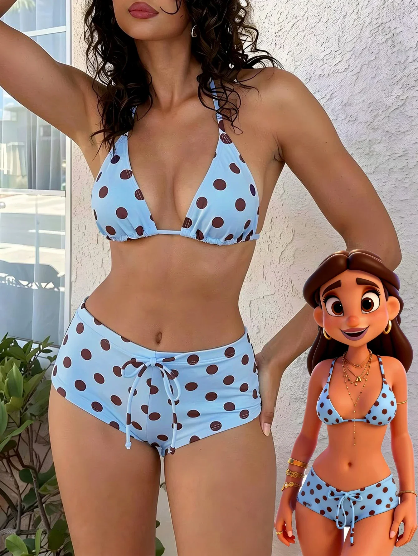 Blue And Brown Polka Dot Triangle Bikini Set With High-Waisted Shorts For Summer Beach Vacation And Pool Parties
Blue And Brown Polka Dot Triangle Bikini Set With High-Waisted Shorts For Summer Beach Vacation And Pool Parties