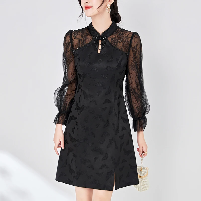 Elegant Party Dresses For Women Chinese Style Spring Summer Jacquard Patchwork Mesh Lace Long Sleeve Women's Vintage Black Dress
Elegant Party Dresses For Women Chinese Style Spring Summer Jacquard Patchwork Mesh Lace Long Sleeve Women's Vintage Black Dress