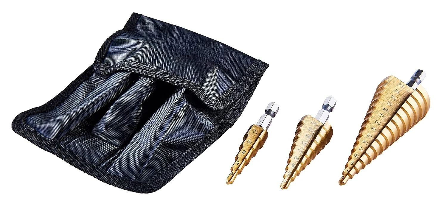 High Speed Steel Step Drill Bit Set, Cone Cutter Woodworking Carpentry Tool with Storage Bag- (4-12mm/3-12mm/4-20mm) 3 pcs
High Speed Steel Step Drill Bit Set, Cone Cutter Woodworking Carpentry Tool with Storage Bag- (4-12mm/3-12mm/4-20mm) 3 pcs