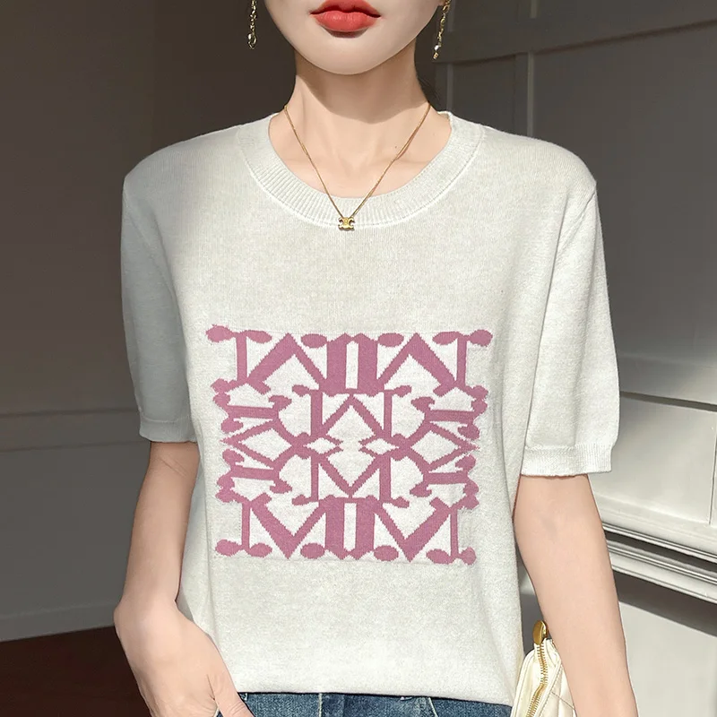 Summer 100% Cotton T-shirt Women's Knitted Short Sleeve Casual Round Neck Tees Loose Blouse Embroidered Tops Letter Jumper
Summer 100% Cotton T-shirt Women's Knitted Short Sleeve Casual Round Neck Tees Loose Blouse Embroidered Tops Letter Jumper