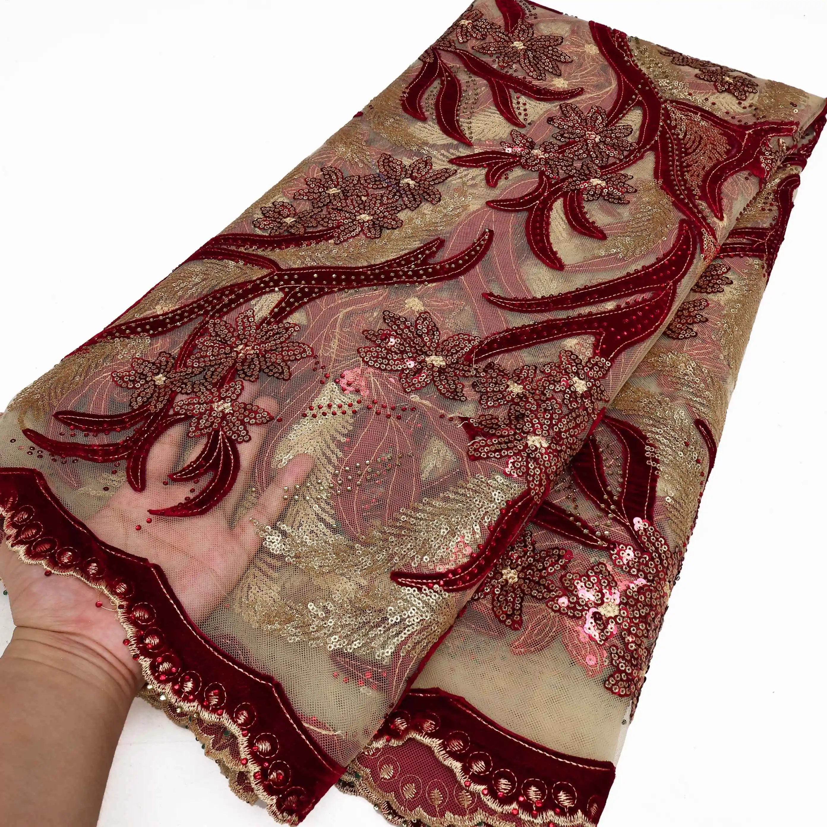 PGC Nigeria African Velvet Lace Fabric with Stones Shiny Sequins Tulle Flocking Net Lace Material for Luxury Wedding Party Dress
PGC Nigeria African Velvet Lace Fabric with Stones Shiny Sequins Tulle Flocking Net Lace Material for Luxury Wedding Party Dress