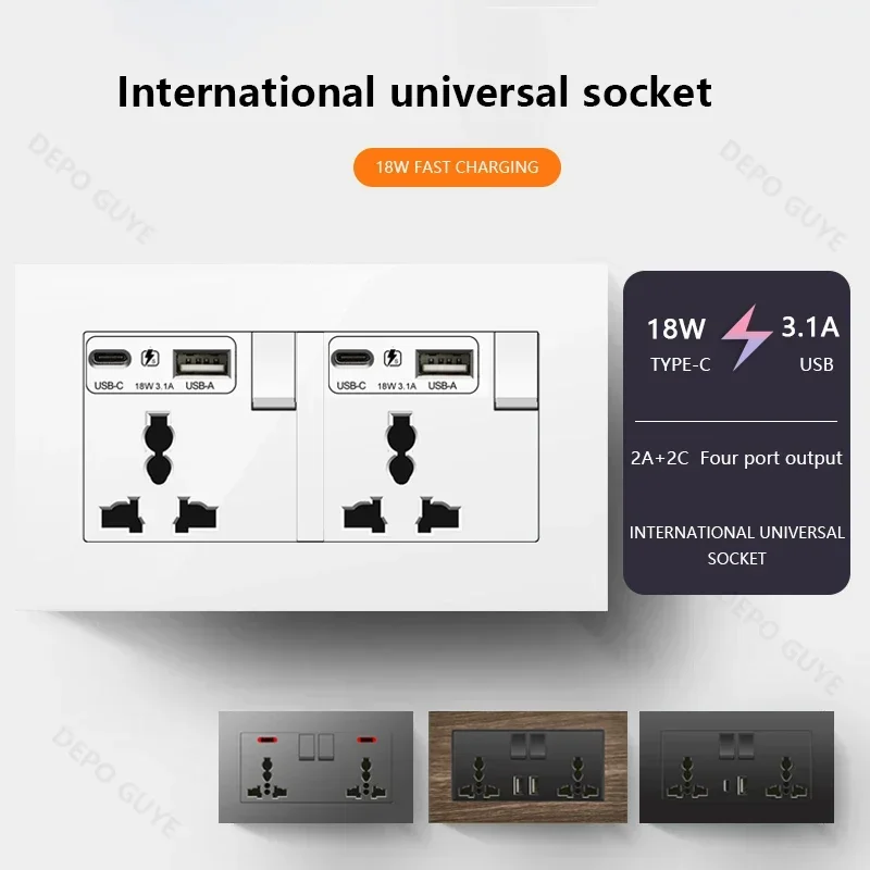 Universal 18W Type-C Plug Quick Charging Dual 3-pin Power Socket 220V,Wall electrical Socket with DC 5V 3.1A Type-c USB Charger
Universal 18W Type-C Plug Quick Charging Dual 3-pin Power Socket 220V,Wall electrical Socket with DC 5V 3.1A Type-c USB Charger