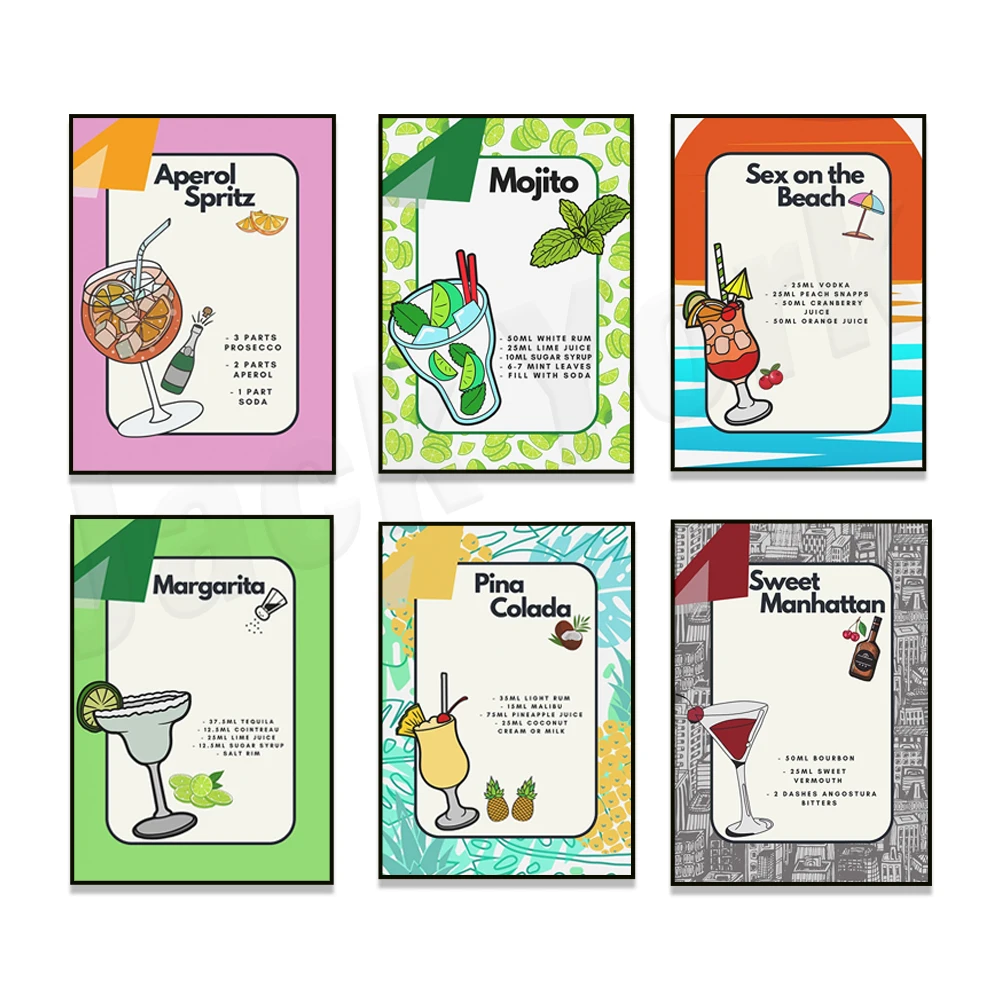 Whiskey sour, sweet manhattan, mojito, pina colada, espresso martini, bold and bright. Decorative cocktail poster, summer print
Whiskey sour, sweet manhattan, mojito, pina colada, espresso martini, bold and bright. Decorative cocktail poster, summer print