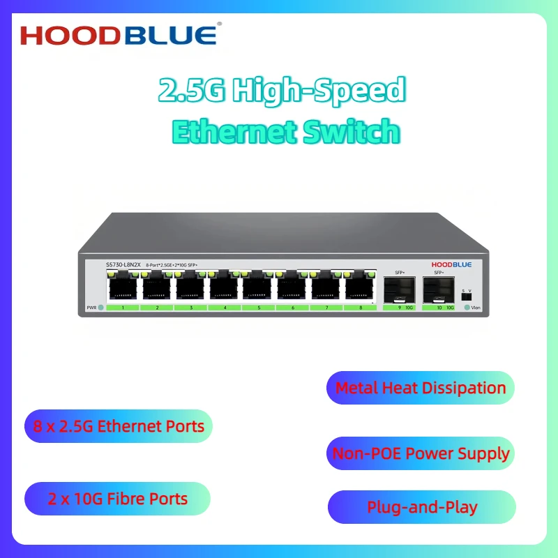 Hoodblue 2.5G/10G Multi-Gig Switch: 8x 2.5G Ports + 2x 10G SFP+ | The Ultimate Plug & Play Solution for NAS (Huolan/Cat Stick),
Hoodblue 2.5G/10G Multi-Gig Switch: 8x 2.5G Ports + 2x 10G SFP+ | The Ultimate Plug & Play Solution for NAS (Huolan/Cat Stick),