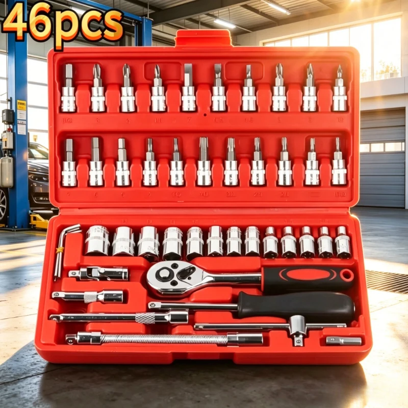 Red 46Pcs Portable Socket Wrench Kit, 1/4 Inch Ratchet Repair Tools for Vehicle and Home Maintenance Use
Red 46Pcs Portable Socket Wrench Kit, 1/4 Inch Ratchet Repair Tools for Vehicle and Home Maintenance Use
