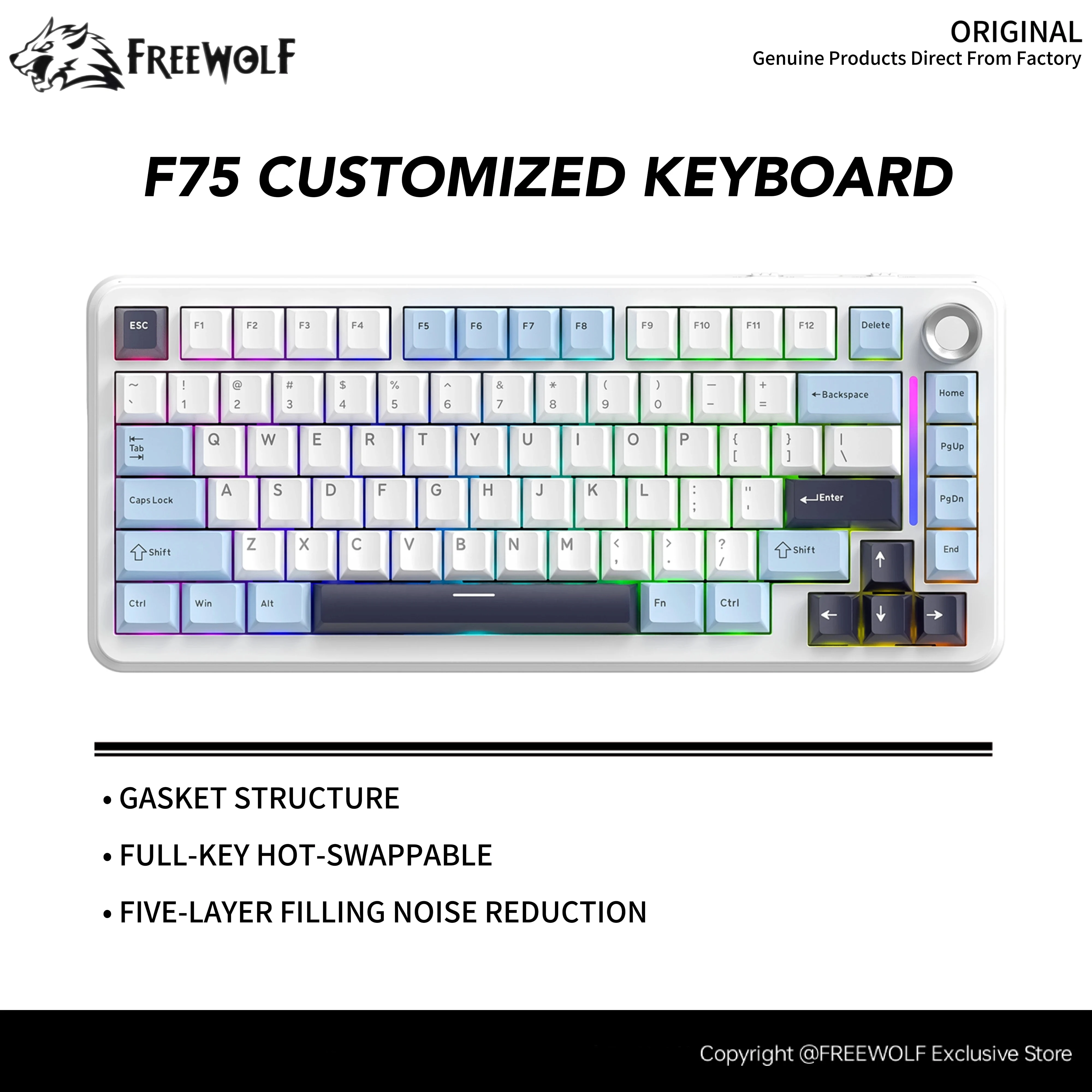 75% Mechanical Keyboard F75 FREEWOLF Bluetooth Three-mode Keyboard,Dedicated for Gaming and Office Use
75% Mechanical Keyboard F75 FREEWOLF Bluetooth Three-mode Keyboard,Dedicated for Gaming and Office Use