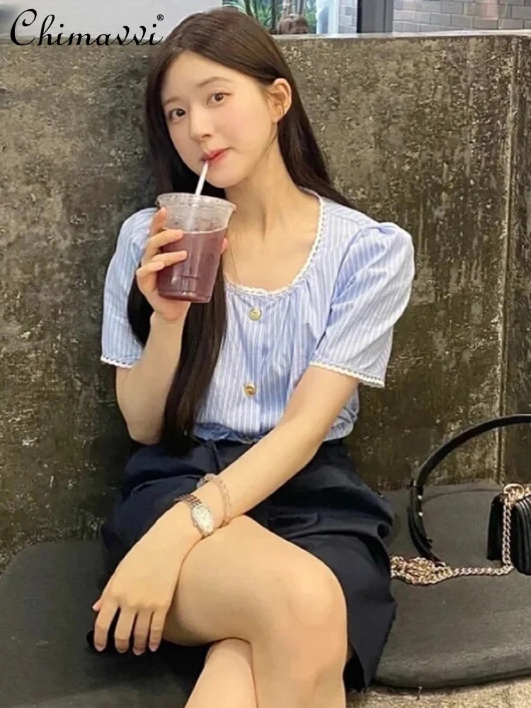 Striped Short Style Shirt Exposed Navel Waist Trimming Versatile Single-Breasted Shirt Women's Short-Sleeved Top 2023 Summer New
Striped Short Style Shirt Exposed Navel Waist Trimming Versatile Single-Breasted Shirt Women's Short-Sleeved Top 2023 Summer New