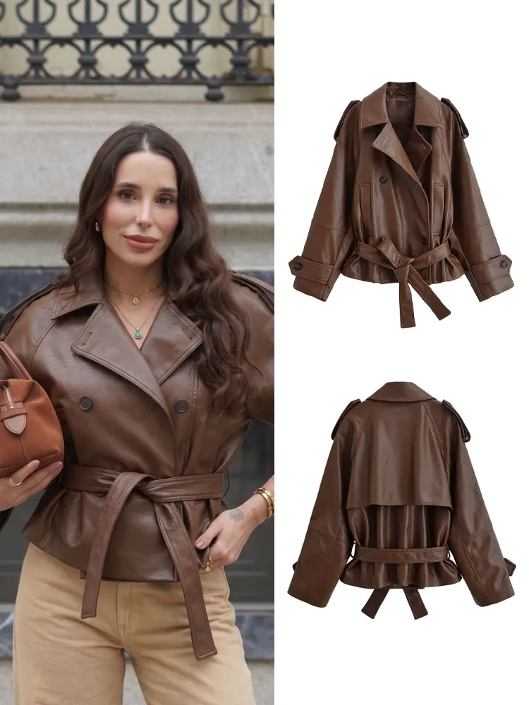 HH Women Fashion Faux Leather Jacket Long Sleeves Double-Breasted Trench Coats With Belt Vintage Woman Motorcycle Leather Jacket
HH Women Fashion Faux Leather Jacket Long Sleeves Double-Breasted Trench Coats With Belt Vintage Woman Motorcycle Leather Jacket