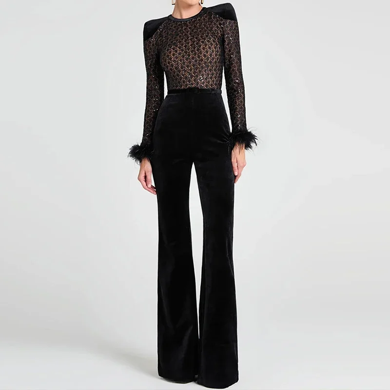 Women Patchwork Velvet Slim Party Rompers 2025 Long Sleeve Feather Combination Luxury Lattice High Waist Wide Leg Long Jumpsuit
Women Patchwork Velvet Slim Party Rompers 2025 Long Sleeve Feather Combination Luxury Lattice High Waist Wide Leg Long Jumpsuit
