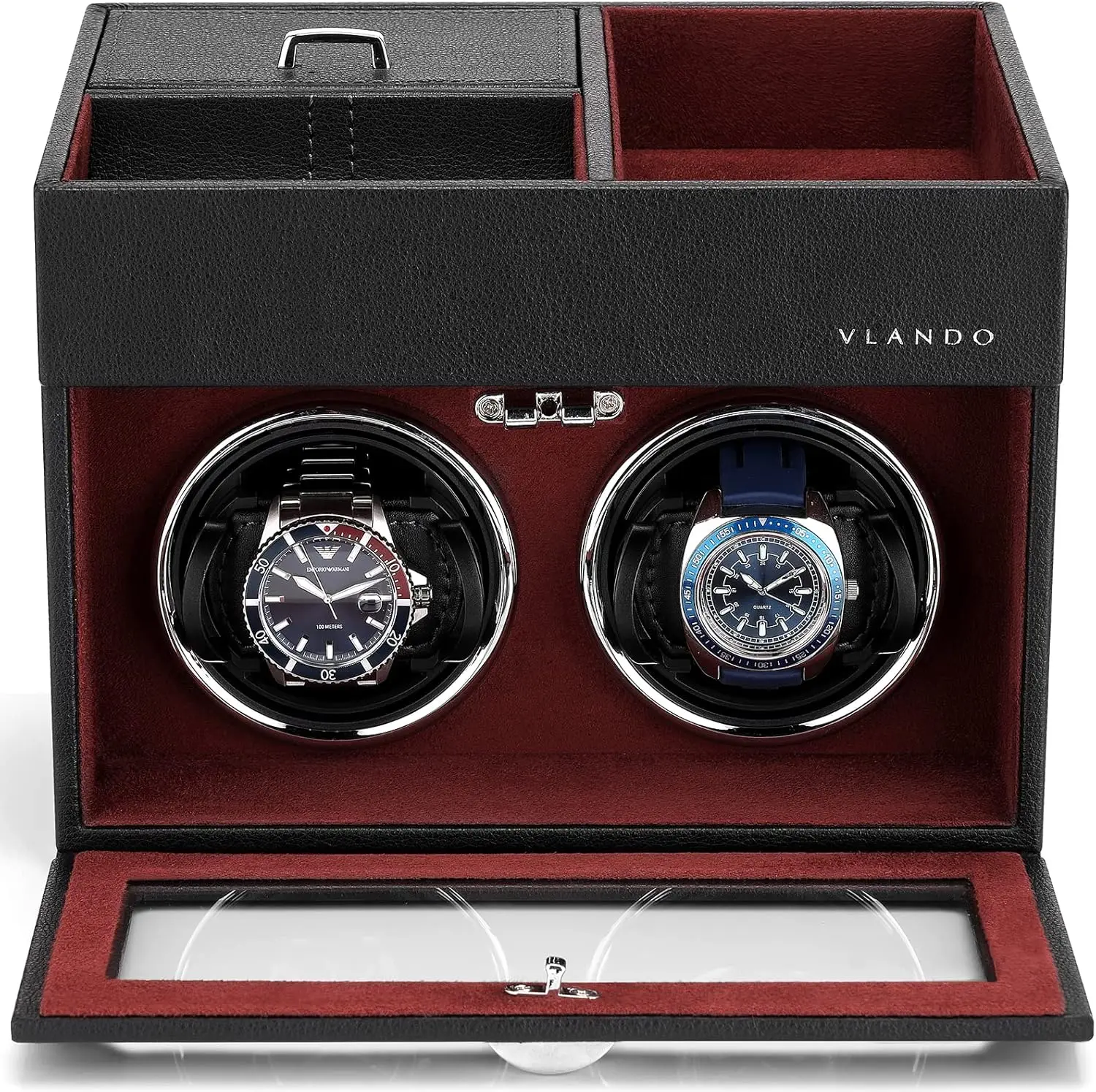 Automatic Double Watch Winder Box with Japanese Quiet Motor, LED Light, Adjustable Pillows, Men Jewelry Organizer Tray - Red
Automatic Double Watch Winder Box with Japanese Quiet Motor, LED Light, Adjustable Pillows, Men Jewelry Organizer Tray - Red