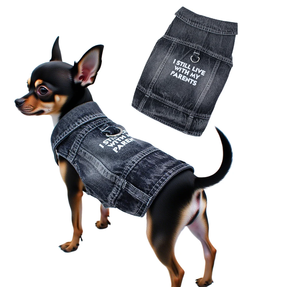 Dog Jeans Jacket Black Denim Vest Pet Coat for Puppy Small Dogs Clothes Cat Costumes Apparel "I STILL LIVE WITH MY PARENTS"
Dog Jeans Jacket Black Denim Vest Pet Coat for Puppy Small Dogs Clothes Cat Costumes Apparel "I STILL LIVE WITH MY PARENTS"