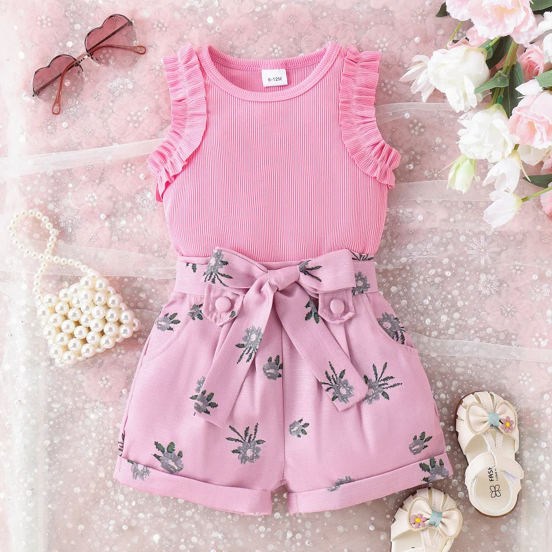 Children's Summer Small and Medium Girls' Ribbed Lace Top+Printed Shorts with Belt Set
Children's Summer Small and Medium Girls' Ribbed Lace Top+Printed Shorts with Belt Set