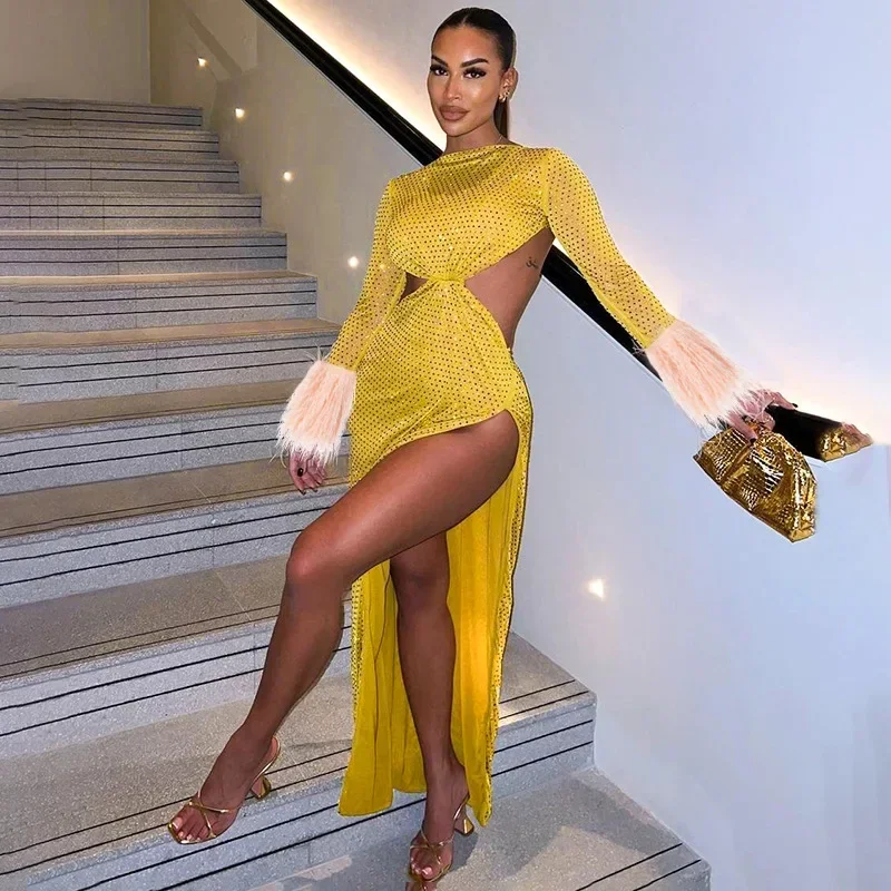 Sequins Feather Long Sleeve Maxi Evening Party Dress Women Sexy Backless High Split Bodycon Clubwear Birthday Long Robe Vestidos
Sequins Feather Long Sleeve Maxi Evening Party Dress Women Sexy Backless High Split Bodycon Clubwear Birthday Long Robe Vestidos