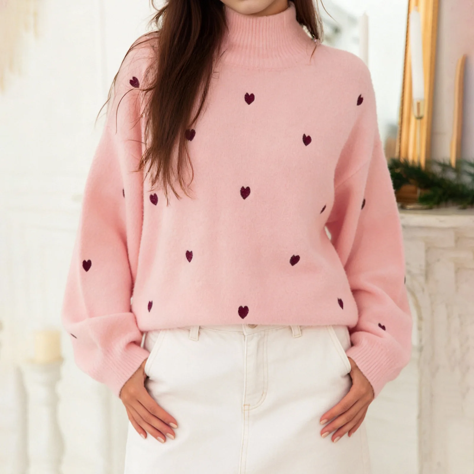 Женский осенний свободный свитер с вышивкой и сердечком, трикотажный пуловер с длинными рукавами и высоким воротом
Женский осенний свободный свитер с вышивкой и сердечком, трикотажный пуловер с длинными рукавами и высоким воротом