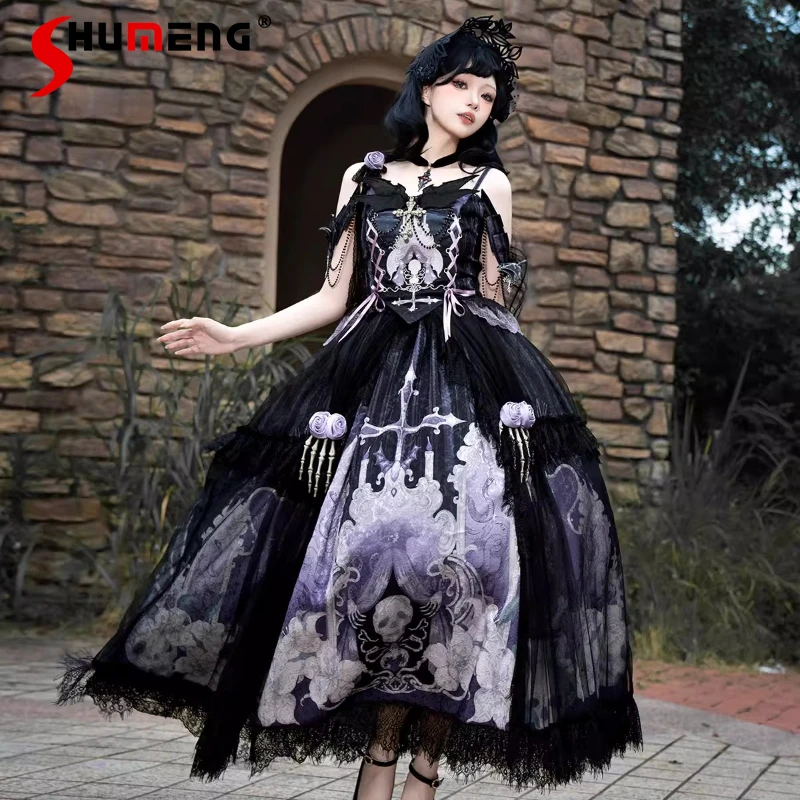 Original French Elegant Retro Lolita Dresses Women's Gothic Dark Sleeveless Top Long Skirt 2-Piece Set Halloween Cos Outfits
Original French Elegant Retro Lolita Dresses Women's Gothic Dark Sleeveless Top Long Skirt 2-Piece Set Halloween Cos Outfits