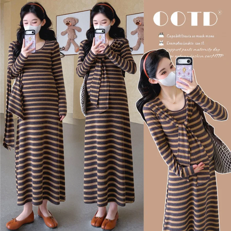 Maternity Dress Spring Autumn 2026 Versatile Minimalist Casual Striped Long Sleeve Maxi Dress with Scarf For Pregnant Women
Maternity Dress Spring Autumn 2026 Versatile Minimalist Casual Striped Long Sleeve Maxi Dress with Scarf For Pregnant Women