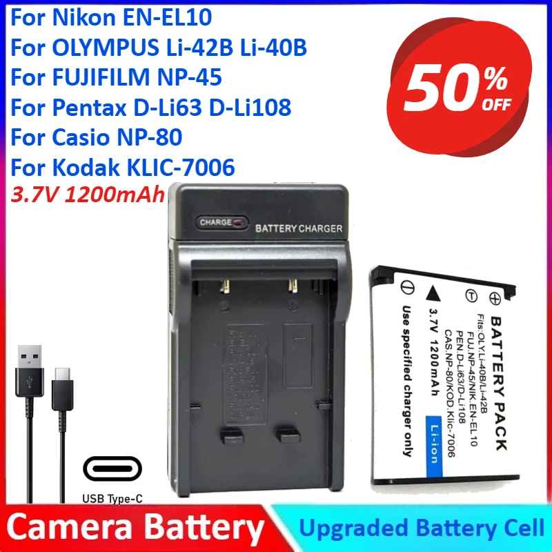 For Nikon EN-EL10 3.7V 1200mAh For OLYMPUS Li-42B For FUJIFILM NP-45 For Casio NP-80 For Kodak KLIC-7006 Camera Battery+Charger
For Nikon EN-EL10 3.7V 1200mAh For OLYMPUS Li-42B For FUJIFILM NP-45 For Casio NP-80 For Kodak KLIC-7006 Camera Battery+Charger