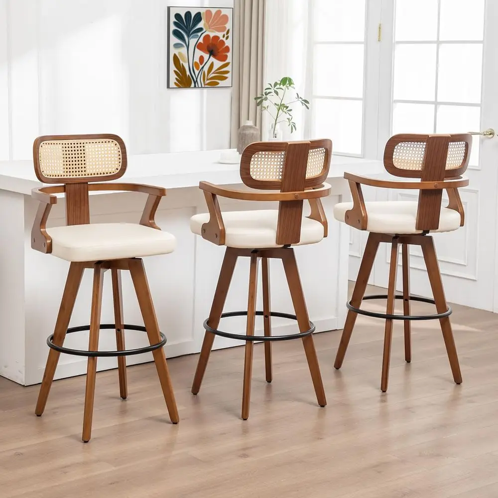 Bar Stools Set of 3 30 inch Mid Century Bar Stools with Walnut Craftsmanship, Curved Rattan Back, Upholstered Seat, Bar Height
Bar Stools Set of 3 30 inch Mid Century Bar Stools with Walnut Craftsmanship, Curved Rattan Back, Upholstered Seat, Bar Height