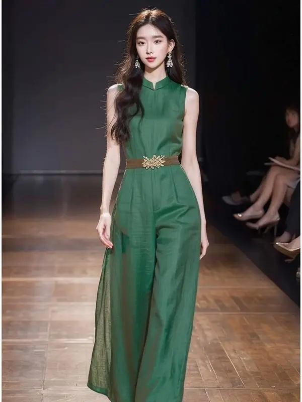 New High End Chinese Fashion Green Jumpsuit Women Summer Sleeveless High Waist Elegant Wide Leg Pants Rompers Office Lady
New High End Chinese Fashion Green Jumpsuit Women Summer Sleeveless High Waist Elegant Wide Leg Pants Rompers Office Lady