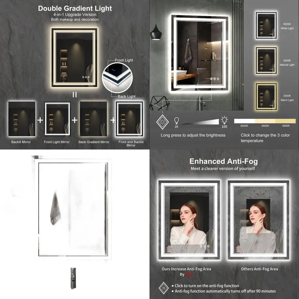 24x32 Inch Backlit LED Bathroom Mirror with 3 Color Temperatures, High CRI, IP54 Waterproof, Vanity Mirror with Hanging Plates
24x32 Inch Backlit LED Bathroom Mirror with 3 Color Temperatures, High CRI, IP54 Waterproof, Vanity Mirror with Hanging Plates