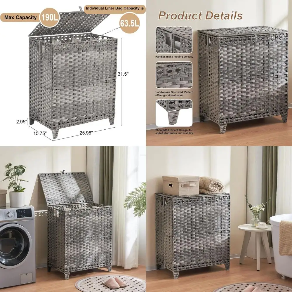 Большая трехсекционная корзина для белья объемом 190 л с 6 съемными вкладышами и 3 сетчатыми мешками, серый ротанговый дизайн с приподнятыми ножками, без сборки
Большая трехсекционная корзина для белья объемом 190 л с 6 съемными вкладышами и 3 сетчатыми мешками, серый ротанговый дизайн с приподнятыми ножками, без сборки