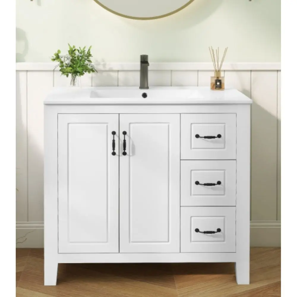 36 Bathroom Vanity with Ceramic Sink, White Freestanding Vanity Cabinet with 2 SoftClose Doors, 3 Drawers, Modern Bathroom Furn
36 Bathroom Vanity with Ceramic Sink, White Freestanding Vanity Cabinet with 2 SoftClose Doors, 3 Drawers, Modern Bathroom Furn