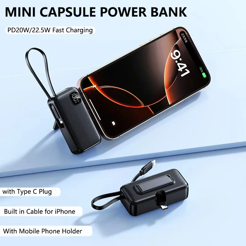 5000mAh Mini Capsule Power Bank with Stand Type C 22.5W Fast Charging Portable External Battery for iPhone Xiaomi Samsung Huawei
5000mAh Mini Capsule Power Bank with Stand Type C 22.5W Fast Charging Portable External Battery for iPhone Xiaomi Samsung Huawei