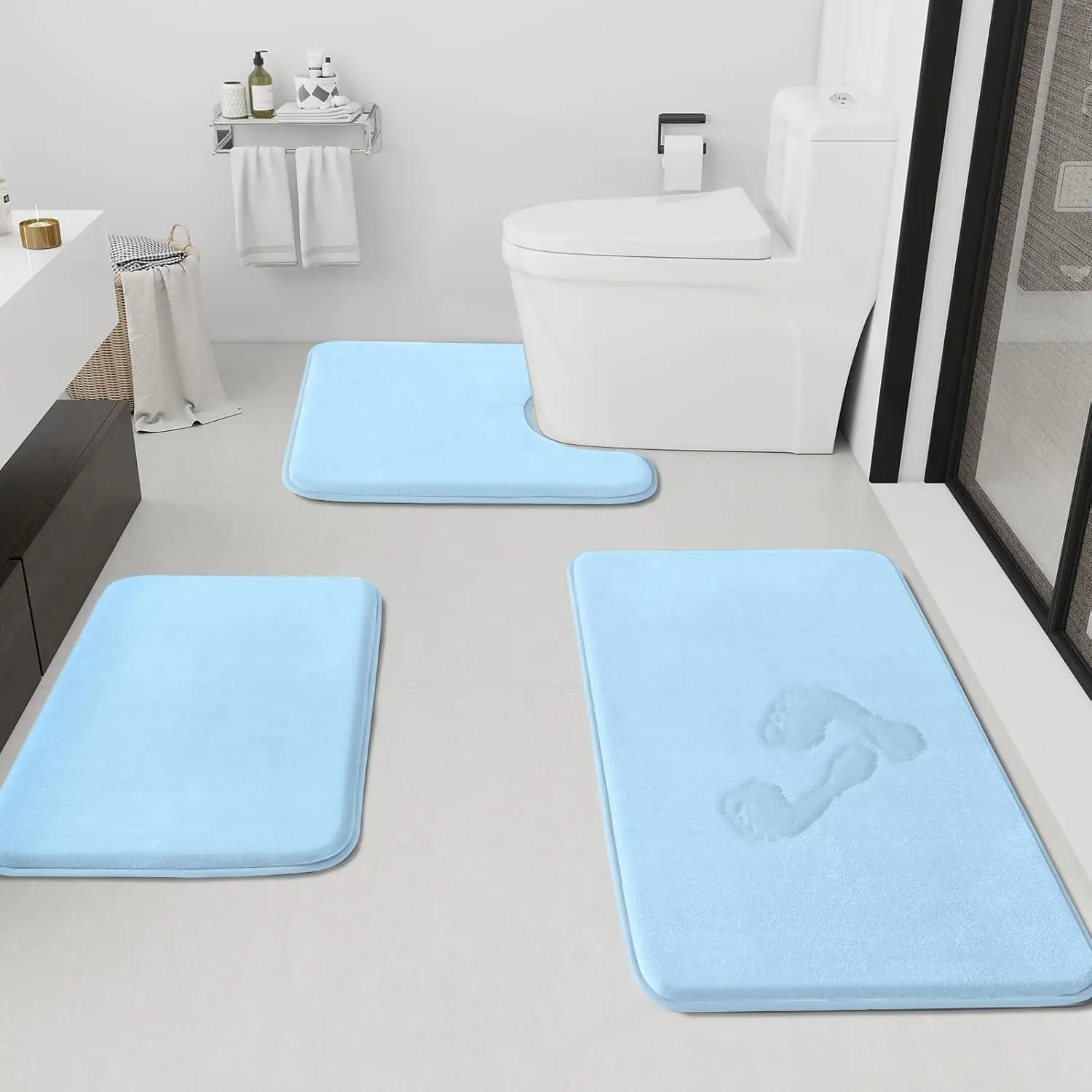 3-Piece Non-Slip Quick Dry Bath Mat Set, Ultra Soft Velvet Rugs for Bathroom, Toilet & Shower Floor in Light Blue
3-Piece Non-Slip Quick Dry Bath Mat Set, Ultra Soft Velvet Rugs for Bathroom, Toilet & Shower Floor in Light Blue