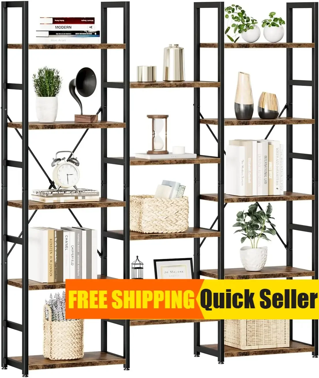 Triple Column 5 Tier Bookshelf, Bookcase with 14 Open Display Shelves, Adjustable Rustic Industrial Style Book Shelves, Modern B
Triple Column 5 Tier Bookshelf, Bookcase with 14 Open Display Shelves, Adjustable Rustic Industrial Style Book Shelves, Modern B