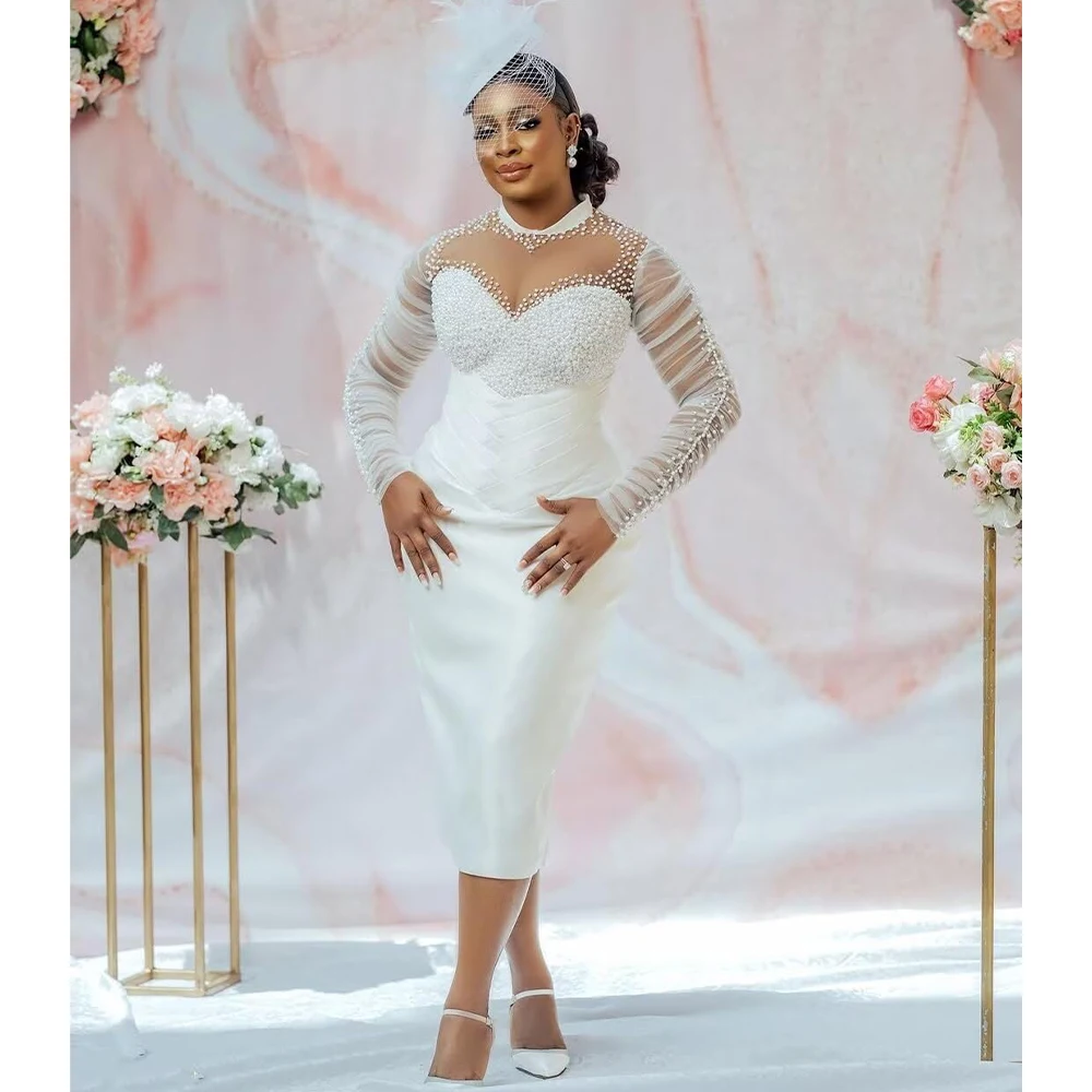 Mophiel African Wedding Civil Dresses for Bride Long Sleeve Tea Length Satin Reception Bridal Gown with Peals Pleat Customized
Mophiel African Wedding Civil Dresses for Bride Long Sleeve Tea Length Satin Reception Bridal Gown with Peals Pleat Customized