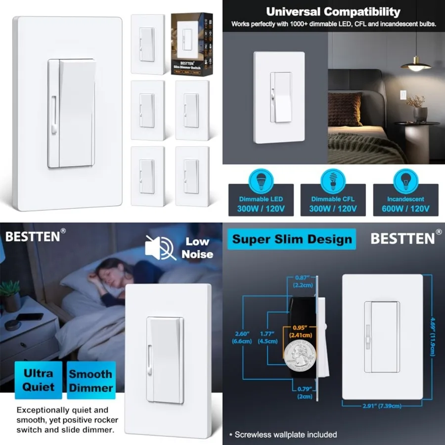 Pack Super Slim Dimmer Light Switch, Quiet Rocker, Single Pole or Way Dimmable Switch, Max 00W LED, CFL, 00W Incandescent, Scre
Pack Super Slim Dimmer Light Switch, Quiet Rocker, Single Pole or Way Dimmable Switch, Max 00W LED, CFL, 00W Incandescent, Scre