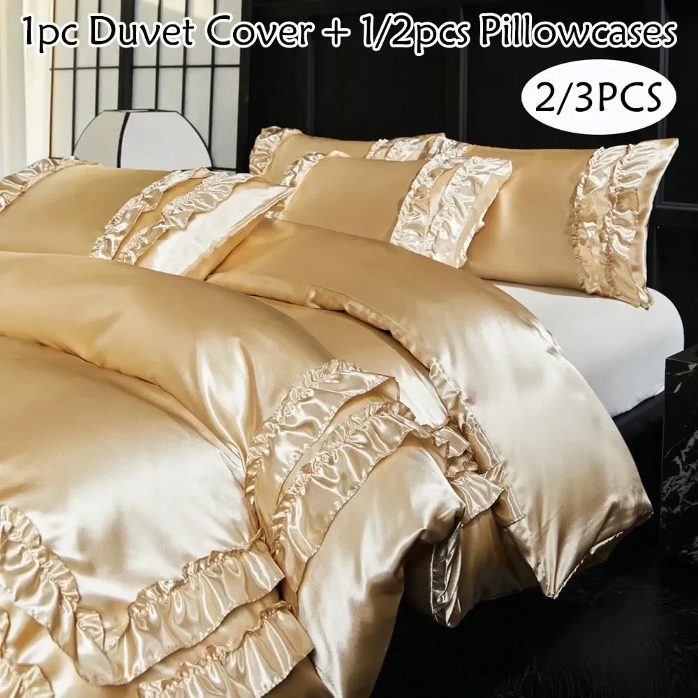 3pcs Camel Faux Silk Double Ruffle Duvet Cover Set, Minimalist Luxury Modern Style Sateen Bedding Set, Suitable For All Seasons
3pcs Camel Faux Silk Double Ruffle Duvet Cover Set, Minimalist Luxury Modern Style Sateen Bedding Set, Suitable For All Seasons