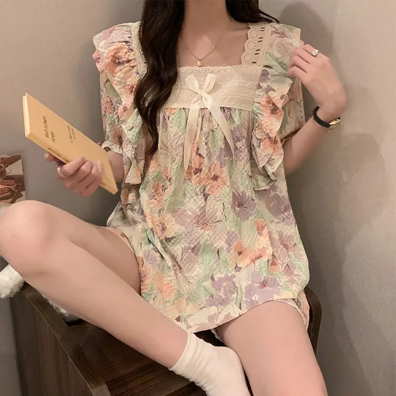 Pajama Sets Women's Summer Short-sleeved Thin Korean Style Cute Flower Home Clothing 2-piece Set Two-piece Clothes The Nightgown
Pajama Sets Women's Summer Short-sleeved Thin Korean Style Cute Flower Home Clothing 2-piece Set Two-piece Clothes The Nightgown