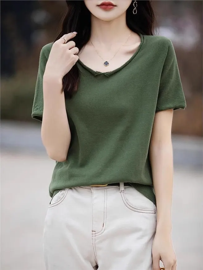 Pure Cotton Knitted Short Sleeve T-Shirt Women's Loose Fit round Neck Design Korean Style Spring Top Cotton Linen Blend
Pure Cotton Knitted Short Sleeve T-Shirt Women's Loose Fit round Neck Design Korean Style Spring Top Cotton Linen Blend