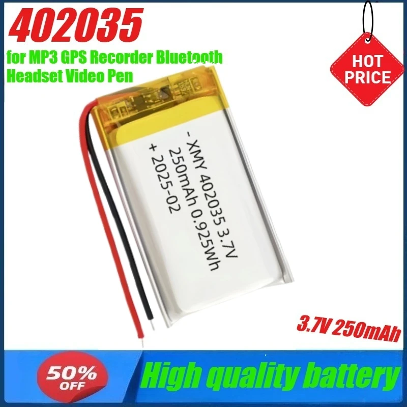 3.7V 250mAh 402035 Lipo Rechargeable Battery for MP3 GPS Recorder Bluetooth Headset Video Pen
3.7V 250mAh 402035 Lipo Rechargeable Battery for MP3 GPS Recorder Bluetooth Headset Video Pen