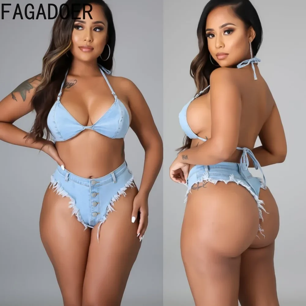 FAGADOER Sexy Deep V Halter Lace Up Bra And Shorts Denim Two Piece Sets Women Bandage Matching Outfits Fashion Cowboy Clothing
FAGADOER Sexy Deep V Halter Lace Up Bra And Shorts Denim Two Piece Sets Women Bandage Matching Outfits Fashion Cowboy Clothing