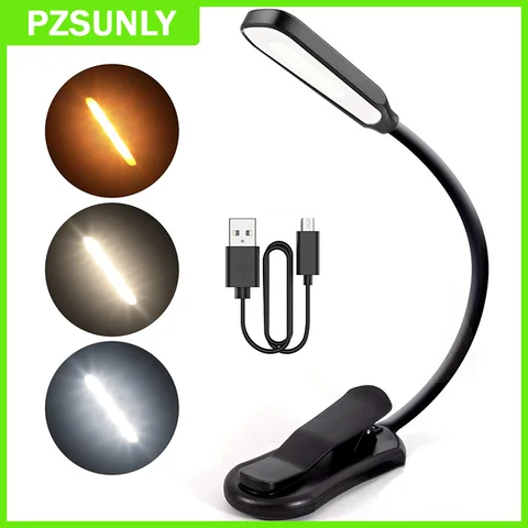 LED Book Light USB Rechargeable Reading Light 3-Level Warm Cool White Daylight Portable Flexible Easy Clip Night Reading Lamp