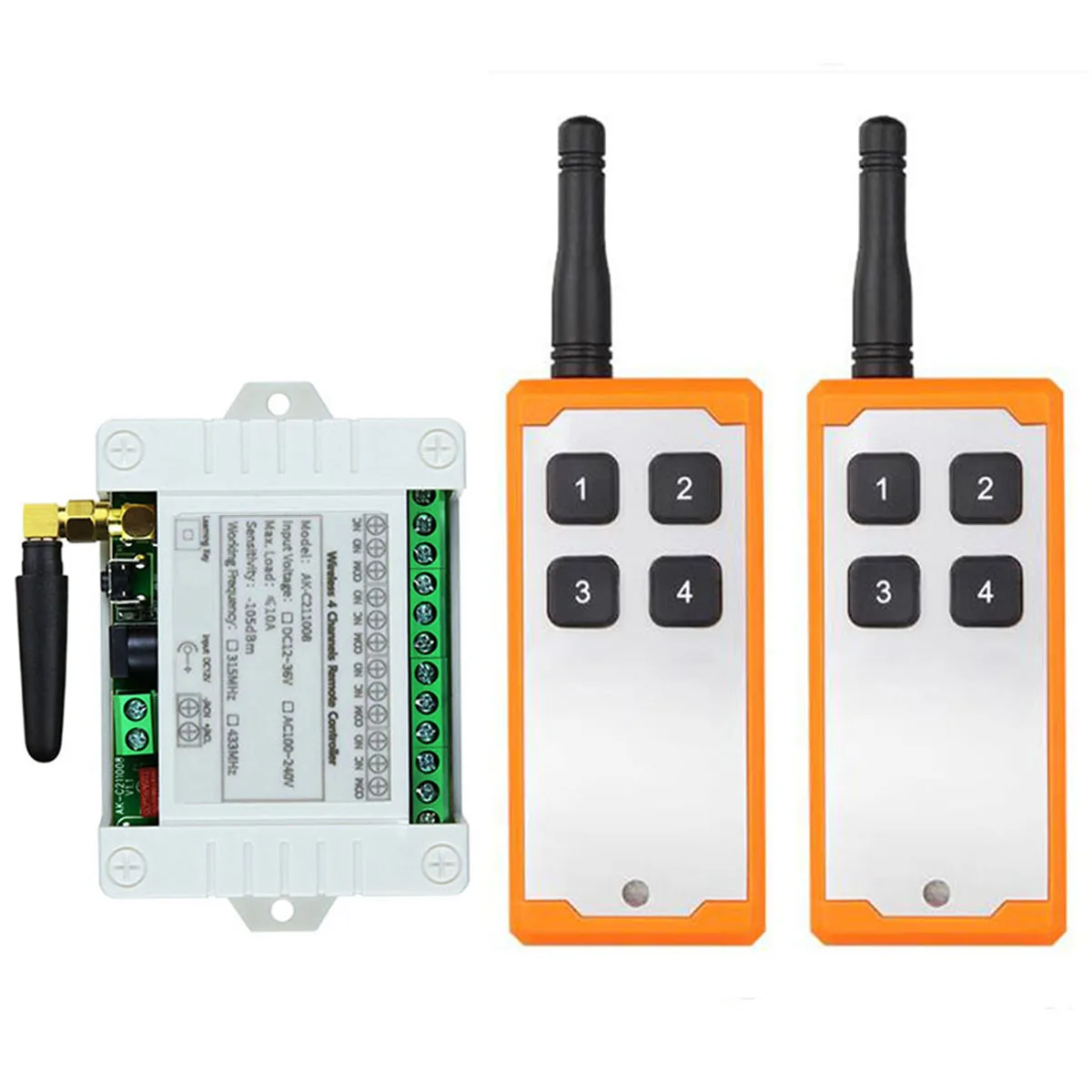 433MHZ Ndustrial AC 110V 220V 4CH RF Wireless Remote Control Switch Radio Receiver With 20-1000M Long Distance Remote controller
433MHZ Ndustrial AC 110V 220V 4CH RF Wireless Remote Control Switch Radio Receiver With 20-1000M Long Distance Remote controller