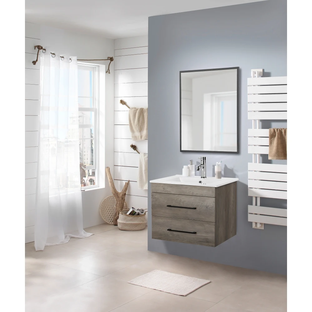 24-Inch Grey Wood Grain Wall-Mounted Bathroom Vanity with Double Drawers, Soft-Close System,White Ceramic Sink, and Black
24-Inch Grey Wood Grain Wall-Mounted Bathroom Vanity with Double Drawers, Soft-Close System,White Ceramic Sink, and Black