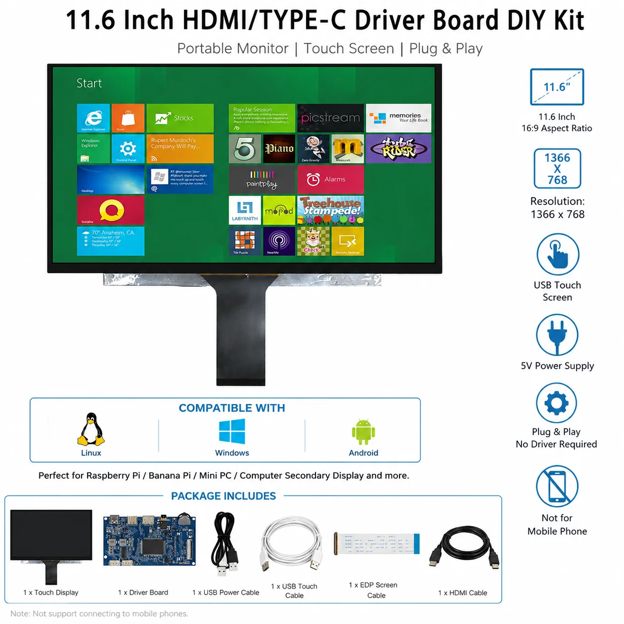 11.6-inch portable monitor LCD screen 1366x768 with Type-C/HDMI-compatible driver control board touchscreeen for Raspberry Pi PC
11.6-inch portable monitor LCD screen 1366x768 with Type-C/HDMI-compatible driver control board touchscreeen for Raspberry Pi PC