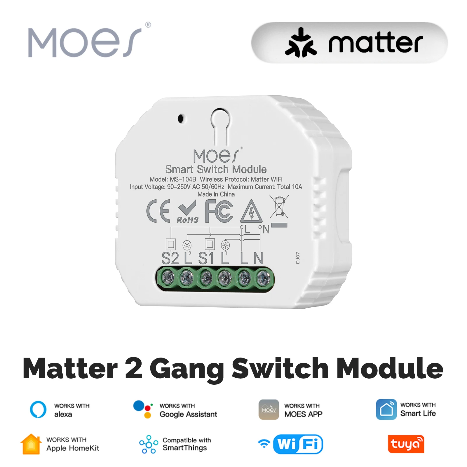 MOES Matter Tuya WiFi Switch Module 2 Gang Smart Automation Relay Timer App Remote Control Work With Alexa Google Home Apple