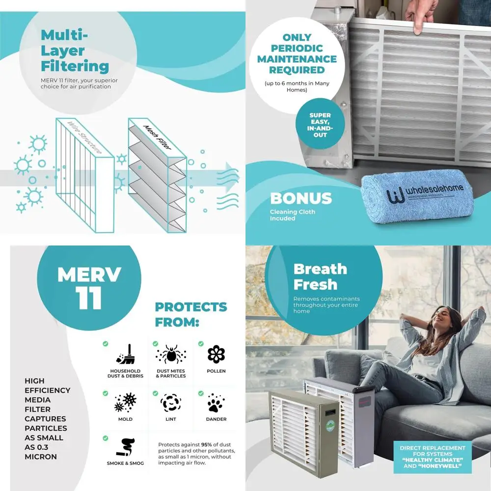 20x25x5 MERV 11 Air Filter for HVAC Systems, 3-Pack (Actual Size: 19.75x24.75x4.38) with Cleaning Cloth
20x25x5 MERV 11 Air Filter for HVAC Systems, 3-Pack (Actual Size: 19.75x24.75x4.38) with Cleaning Cloth