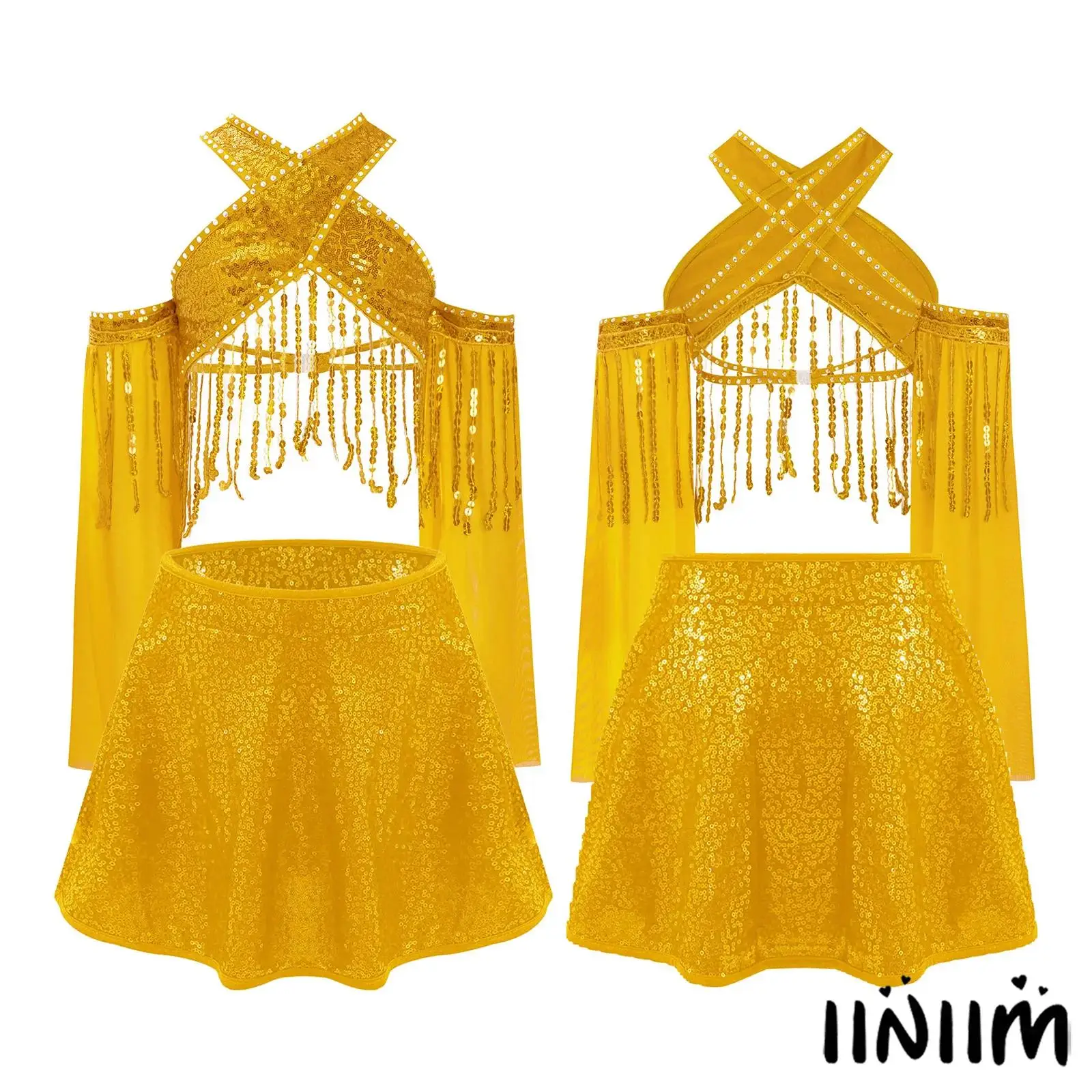 Kids Girls Jazz Dance Cross Crop Top Set Sheer Mesh Flared Sleeves Sparkling Sequin Tassels with Skirt for Dance Competition
Kids Girls Jazz Dance Cross Crop Top Set Sheer Mesh Flared Sleeves Sparkling Sequin Tassels with Skirt for Dance Competition
