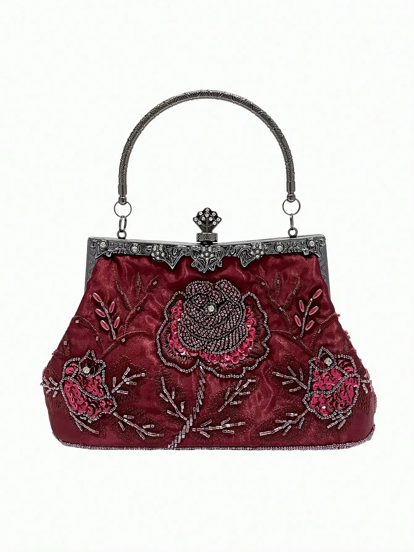 Burgundy Satin Evening Clutch with Beaded Rose Embroidery and Metal Frame Handle
Burgundy Satin Evening Clutch with Beaded Rose Embroidery and Metal Frame Handle