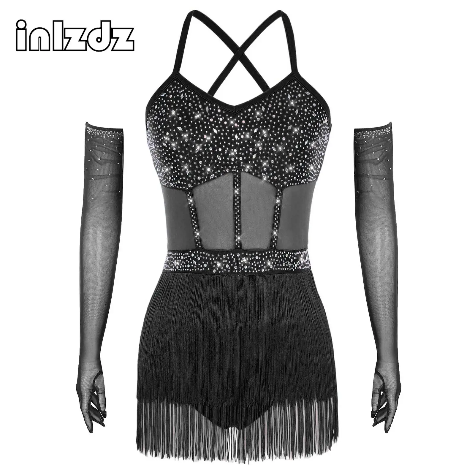 Womens Latin Jazz Dance Sets Tassel Rhinestone Mesh Bodysuit Dress+Gloves Sets for Tango Dance Ballroom Performance Dancewear
Womens Latin Jazz Dance Sets Tassel Rhinestone Mesh Bodysuit Dress+Gloves Sets for Tango Dance Ballroom Performance Dancewear
